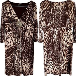 Peck & Peck Collection Animal Print Midi Dress Ruched V Neck Stretchy Comfy 14
